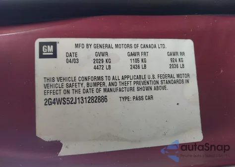 2003 Buick Century Custom z USA, uszkodzony, nr VIN 2G4WS52J131282886